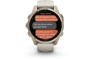 Image of Garmin fenix 8 AMOLED 43mm GPS Watch, Sapphire, Soft Gold with Fog Gray/Dark Sandstone Silicone Band, 010-02903-10