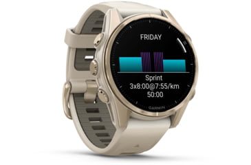 Image of Garmin fenix 8 AMOLED 43mm GPS Watch, Sapphire, Soft Gold with Fog Gray/Dark Sandstone Silicone Band, 010-02903-10