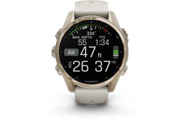 Image of Garmin fenix 8 AMOLED 43mm GPS Watch, Sapphire, Soft Gold with Fog Gray/Dark Sandstone Silicone Band, 010-02903-10
