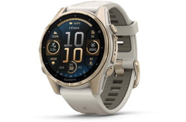 Image of Garmin fenix 8 AMOLED 43mm GPS Watch, Sapphire, Soft Gold with Fog Gray/Dark Sandstone Silicone Band, 010-02903-10