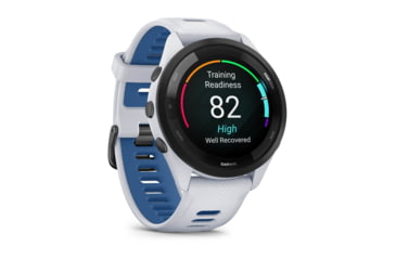 Image of Garmin Forerunner 265 Watch, Black Bezel w/ Whitestone Case and Whitestone/Tidal Blue Silicone Band, 010-02810-01