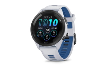 Image of Garmin Forerunner 265 Watch, Black Bezel w/ Whitestone Case and Whitestone/Tidal Blue Silicone Band, 010-02810-01