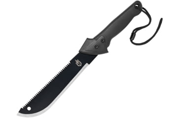 Image of Gerber Gator Machete Jr Fixed Blade Knife, 18.75in Overall, 10.75in Two-Tone Finish Sawback High Carbon SS Blade, Black Gator Grip Overmold Handle, Black Nylon Belt Sheath, 31-003188N