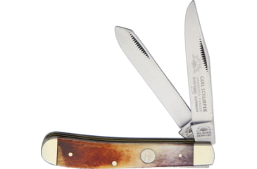 Image of German Eye Slim Trapper Folding Knife, Mirror SS Clip/ Spey Blades, Brown Smooth Bone Handle, Nickel Silver Bolster, Inlay Shield, Blade Etching, Brown, 20 BROWN BONE