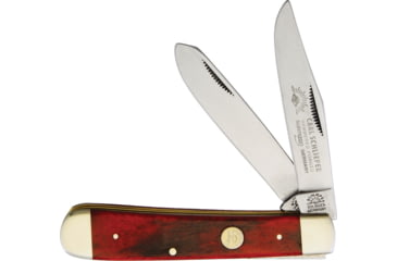Image of German Eye Trapper Red Folding Knife, Mirror Solingen Steel Clip/ Spey Blades, Red Smooth Bone Handle, Blade Etching, J RED