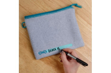 Image of Girls With Guns Knit Fabric Handgun Storage Pouch w/Writable ID Label, Lockable Keyring, Zipper Closure, 7x9in, Fleece Lining, Full Size Interior, Gray/Blue Accents, 9074