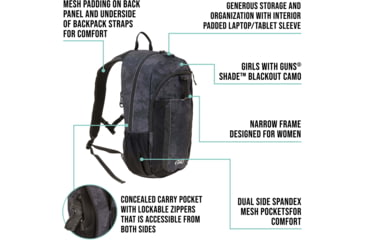 Image of Girls With Guns Midnight Deluxe Backpack w/ Lockable Concealed Carry, Black/Shade Blackout Camo, 10 in x 19 in x 7.5 in, 70637