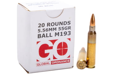 Image of Global Ordnance 5.56x45mm NATO, 55 grain, Full Metal Jacket, 20 Rounds Rifle Ammo, GO850003223346