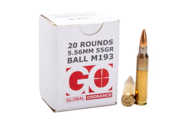 Image of Global Ordnance Global Ordnance M193 Rifle Ammunition 5.56X45 NATO 55gr FMJ 3162 fps 1000/ct Case 50-20/ct, 850003223353