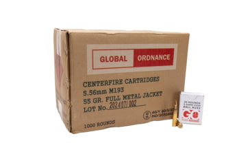 Image of Global Ordnance Global Ordnance M193 Rifle Ammunition 5.56X45 NATO 55gr FMJ 3162 fps 1000/ct Case 50-20/ct, 850003223353