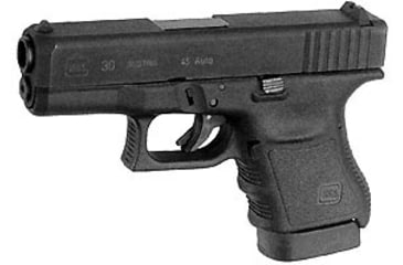 Image of Glock 30 Pistol, .45 ACP, 3.77in barrel, polymer frame, integrated polymer grip, recoil operated semi-automatic, fixed, white dot front, white square U rear, 10 round magazine, G30-FRRMPG
