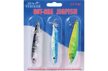 Image of GOT-CHA Jigfish Lure, 3in 1 1/2 oz, Sz 4 Treble Hook, 3 per Pack, Includes JF15-BTS, JF15-BYS, JF15-GCO, JF15-3PK