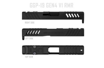 Image of Grey Ghost Precision Glock 19 Gen4 Stripped Slide, RMR Cut, Version 1 - Angled Serration Pattern, 17-4 SS, Black, GGP-19-4-RMR