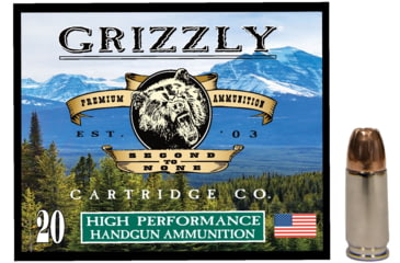 Image of Grizzly Cartridge 9MM+P+ 124 Grain Jacketed Hollow Point Brass Cased Pistol Ammo, 1375 FPS, 20 Rounds, 815152015273