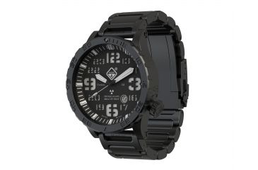Image of Hazard 4 Heavy Water Diver, 50mm Titanium Watch Bracelet with Tritium, Black Dial, White Texts, Blue/Red Tritium, HWD-TIPV-B-KW-GGYG