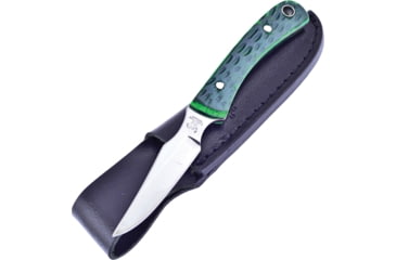 Image of Hen &amp; Rooster Caper Antique Green Bone Knife, 6.5in Overall, 3in Satin SS Blade, Green Jigged Bone Handle, Black Leather Sheath, HR-5025AGB