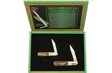 Image of Hen &amp; Rooster Grandfather Grandson Set Folding Knife, Mirror SS Clip Blade, Stag Bone Handle, 2.88in Closed Grandfather Barlow And 2.38in Closed Grandson Barlow, HR251GFGS