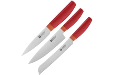 Image of HENCKELS ZWILLING Now S 3-Piece Pre-Pack, 8in Serrated Bread Blade/ 8in Chef's Blade/ 4in Paring Blade, Orange Polypropylene Handle, 53020-900