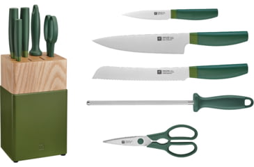 Image of HENCKELS ZWILLING Now S 6-Piece Green Block Set, 8in Serrated Bread Blade/ 8in Chef's Blade/ 4in Paring Blade, Green Polypropylene Handle, 53070-110