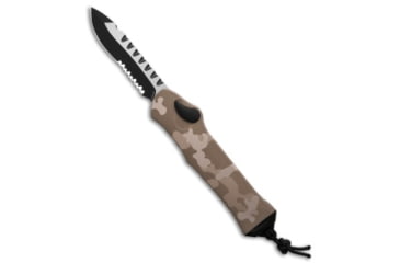 Image of Heretic Knives Hydra Recurve Automatic Folding Knife, 3.60in, CPM MagnaCut, Drop Point Blade, Aluminum, Camo/Tan Handle, Camo/Tan/Black, 9.10 inch, BHQ-193509