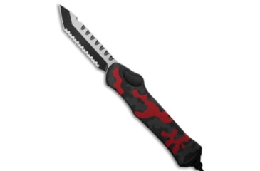 Image of Heretic Knives Hydra Automatic Folding Knife, 3.60in, CPM MagnaCut, Tanto Blade, Aluminum, Red/Camo/Gray Handle, Fully Serrated, Red/Camo/Gray/Black, 9.10 inch, BHQ-195095