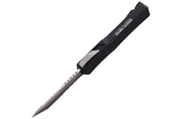 Image of Heretic Knives Auto Colossus OTF Automatic Folding Knives, 3.5in, Satin Finish Partially Serrated CPM MagnaCut Stainless Tanto Blade, Black Aluminum Handle, H0402B