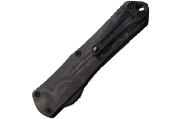 Image of Heretic Knives Auto Manticore E OTF Automatic Folding Knives, 3in, Black DLC Coated Elmax Steel Bowie Blade, Black/ Purple Camo Carbon Fiber Back Handle, H026B6APUCF