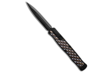 Image of Heretic Knives Heretic Cleric II D/E Auto Knife Black W/Flamed Titanium Inlay 4" DLC, Black/Blue/Gold, CPM MagnaCut, adult, BHQ-194204