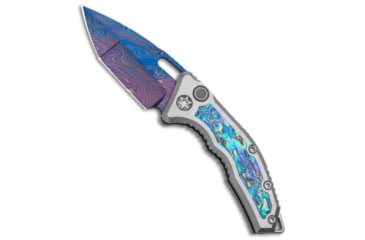Image of Heretic Knives Heretic Knives Custom Medusa Automatic Knife Ti/Abalone 3" Blue Damascus, Blue, Damascus, adult, BHQ-101419