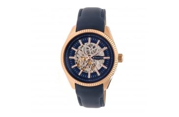 Image of Heritor Automatic Desmond Skeleton Dial Leather-Band Watch, Navy/Navy HERHR6604