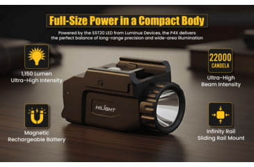 Image of Hilight P4X 1150 Lumens LED Weapon Light, Lithium Ion, SIG Sauer P226, Springfield Armory XD-S, G 19, SIG Sauer P320, G 17, G 34, S&amp;W M&amp;P M2.0, Springfield Armory XD-M, Black, P4X