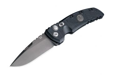 Image of Hogue EX-A01 Sig Tactical Automatic Folding Knife, 3.5in, 154CM Stainless Steel, Drop Point Blade, Grey PVD, G-10 Frame Solid Black Black Sig Medallion Handle, 36132