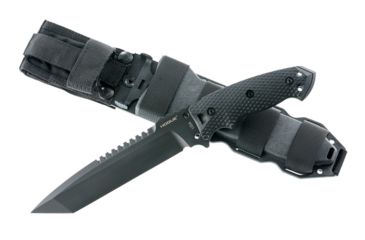Image of Hogue EX-F01 7in Fixed Tanto A-2 Steel Blade w/Black Automatic Retention Sheath, Black Finish, G10 Solid Black Scales, 35109
