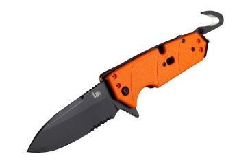Image of Hogue HK Karma 3.75in First Response Tool Folder Spear Point Blade, Partially Serrated Flipper, Black Finish, G10 Scales, Orange 54214