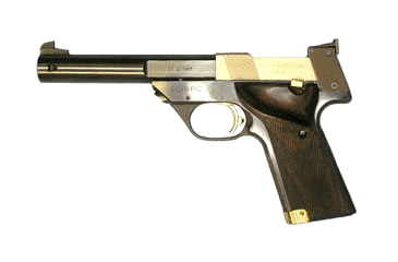Image of High Standard Firearms Olympic-Military Pistol, .22 Short, 5.5in barrel, carbon steel frame, checkered hardwood grip, blowback operated semi-auto, fully adjustable, 5 round magazine, HSFOM.22SHORT5.51FRRMPG