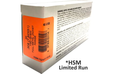Image of Hsm Ammunition 7.62x51mm NATO 150 Grain Full Metal Jacket Boat-Tail Steel Cased Centerfire Rifle Ammo, 20 Rounds, 762X511N