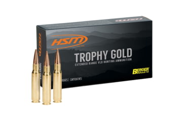 Image of HSM Ammunition Trophy Gold .338 Winchester Magnum 250 Grain Berger VLD Brass Cased Centerfire Rifle Ammo, 20 Rounds, BER-338WM250OTM