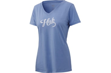 Image of HUK Performance Fishing Script V-Neck Tee - Womens, Carolina Blue Heather, Large, H6100039-425-L