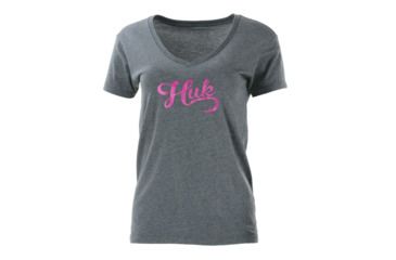 Image of HUK Performance Fishing W Script Vneck Tops, Short Sleeve - Womens, True Grey Heather, Extra Small, H6100026-035-XS