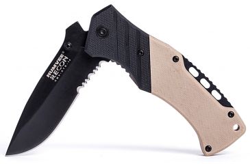 Image of Humvee Recon Serrated Blade with Thumb Stud, Black and Tan HMV-KTR-14