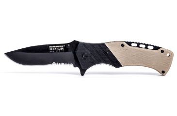 Image of Humvee Recon Serrated Blade with Thumb Stud, Black and Tan HMV-KTR-14
