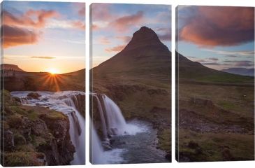 Image of iCanvas Sunset Over Kirkjufell And Kirkjufellsfoss I, Grundarfjordur, Snaefellsnes Peninsula, Vesturland, Iceland by Gareth McCormack Canvas Print, Multi, 40 x 60 GAR87-3PC3-60x40