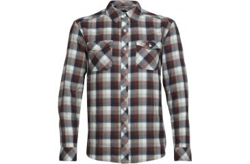 Image of Icebreaker Lodge Long Sleeve Flannel Shirt - Men's-Saddle/Nori Heather/Plaid-Small