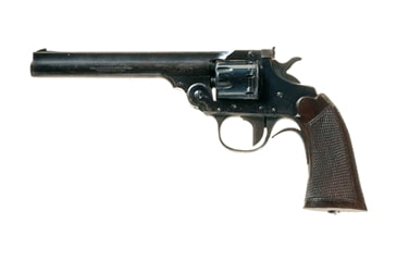 Image of Iver Johnson Arms 822-Champion Revolver, .22 Long Rifle, 6in barrel, blued finish steel frame, checkered walnut grip, revolving chamber, fixed blade front, adjustable rear, 8 round cylinder, IJ-822 CH-.22LR-6-1-FRRMPG