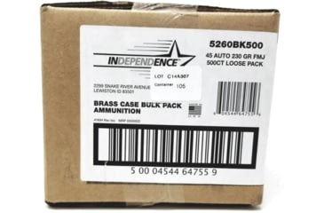 Image of Independence Ammo Independence Ammo .45 Auto 230 Grain Full Metal Jacket Brass Cased Centerfire Pistol Ammo, 500 Rounds, 5260BK500