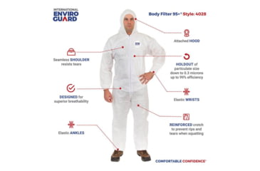 Image of International Enviroguard Body Filter 95+ 4028 Coverall w/Hood, Elastic Wrist &amp; Ankle, White, 2XL, Case of 25, 4028XXL
