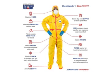 Image of International Enviroguard ChemSplash 1 Coverall w/Hood &amp; Boot, Elastic Wrist &amp; Ankle, Yellow, L, 6 Pack, 7019T-L