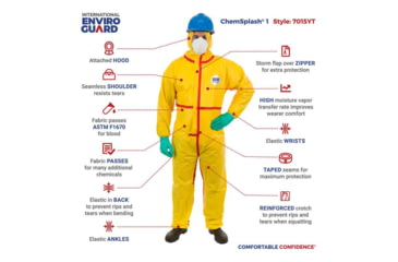 Image of International Enviroguard ChemSplash 1 Coverall w/Hood, Elastic Wrist &amp; Ankle, Yellow, L, 6 Pack, 7015T-L