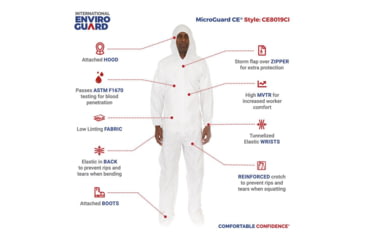 Image of International Enviroguard MicroGuard CE Coverall w/Hood, Boot, Tunnelized Elastic Wrist and Ankle, White, M, Case of 25, CE8019CI-M