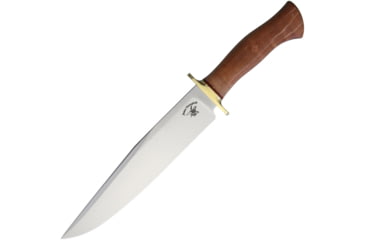 Image of Jesse Hemphill Bowie Curly Maple 80crv2 Steel Fixed Blade Knife, 15in Overall, 9.5in Satin 80Crv2 Carbon Steel Clip Point Blade, Curly Maple Handle, Brass Guard, Brown Leather, BOWIE CURLY MAPLE